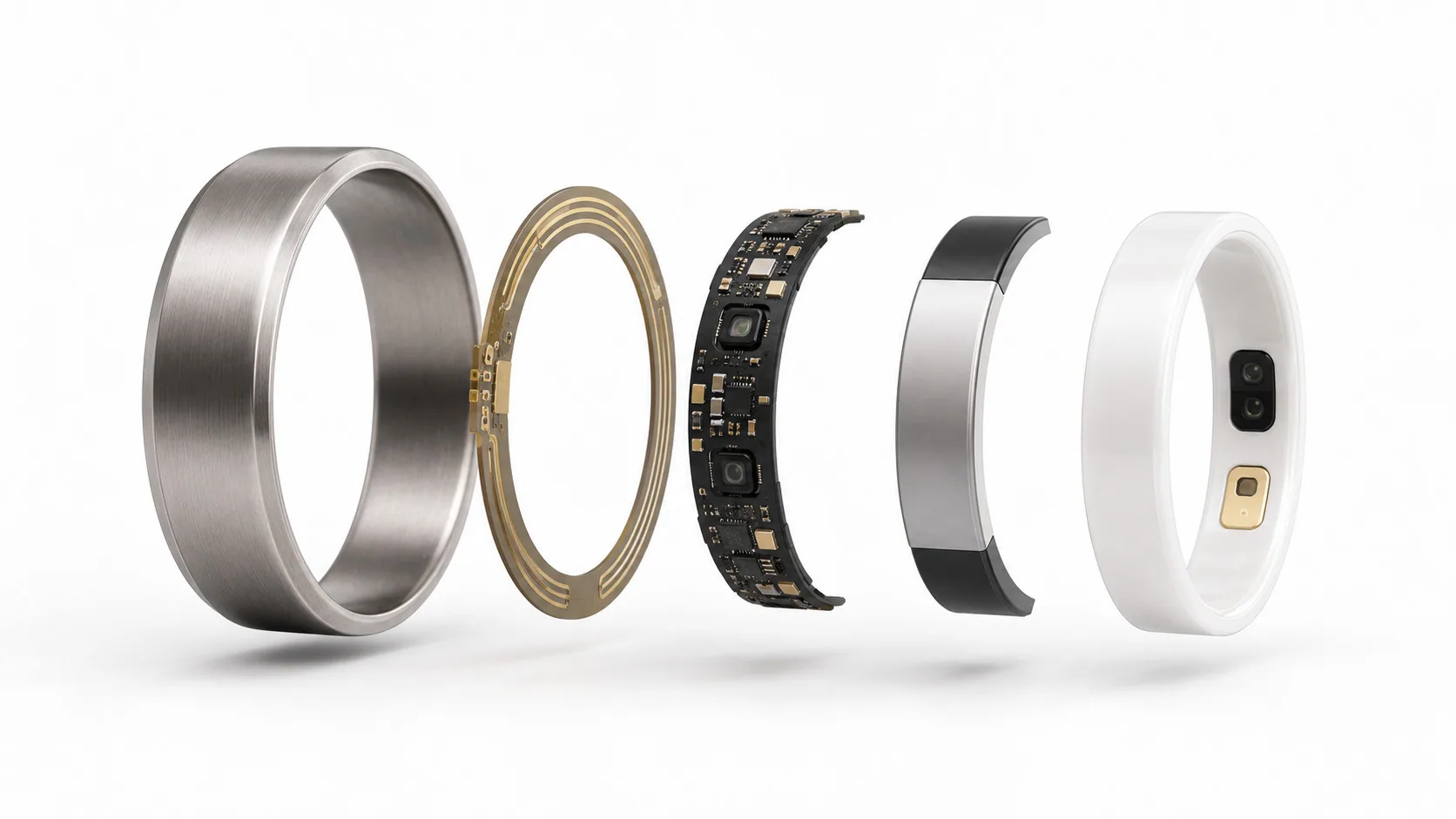 Exploded view — titanium shell, flexible antenna, curved flex PCB with optical sensors, battery and zirconia inner band.